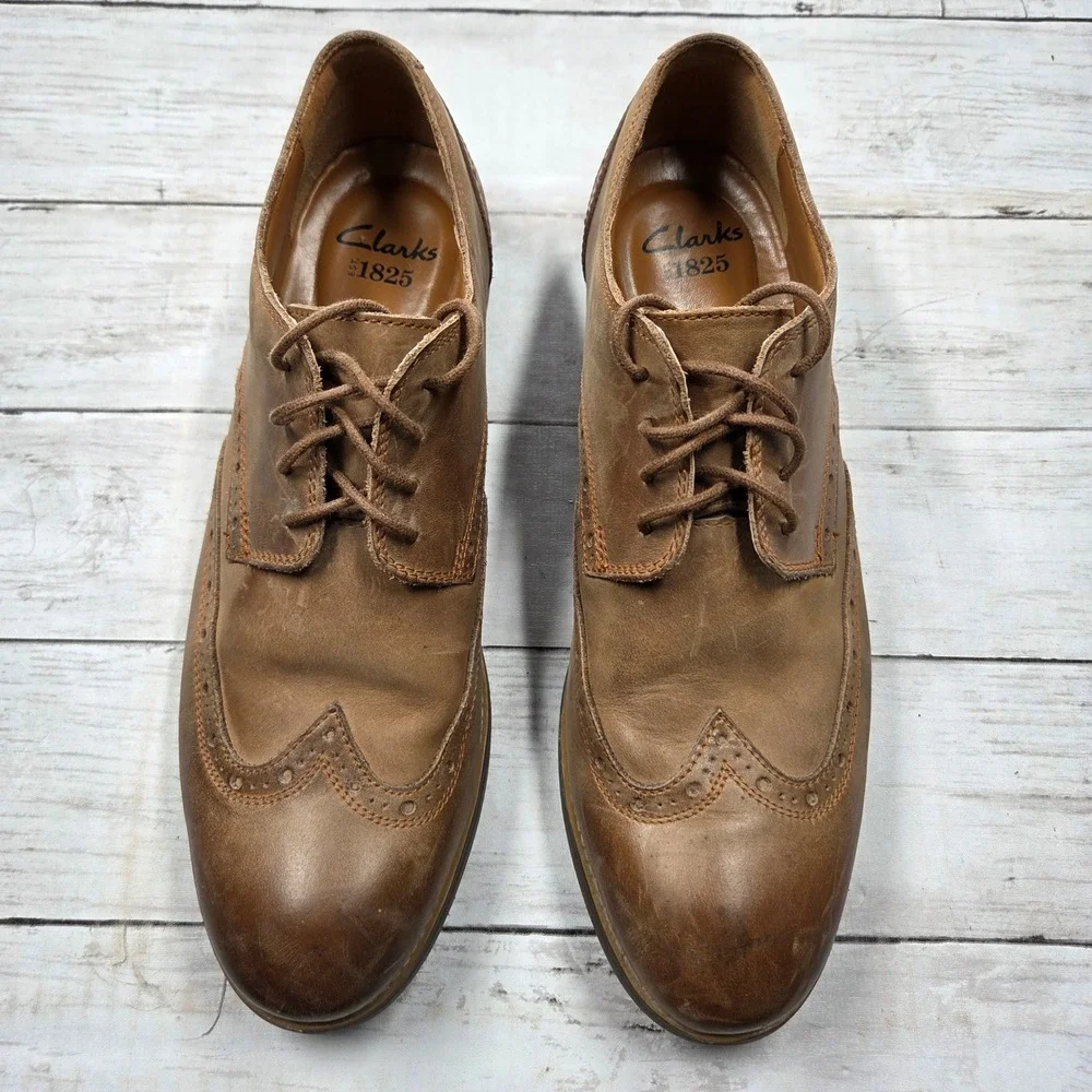Clarks Oxford Mens 9.5M Brown 1825 Wingtip Leather Brogue Dress Shoes 26117716